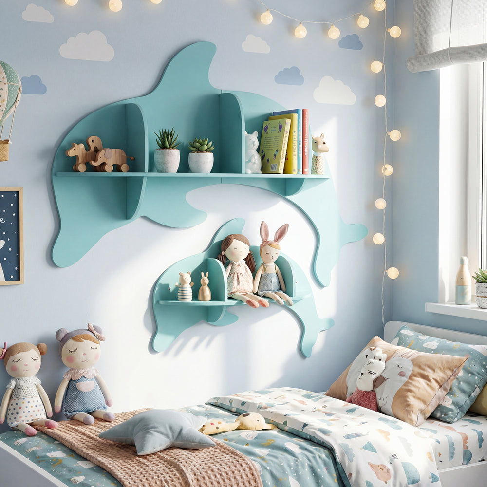 Floating Dolphin Shelves Wall Mounted Storage Display Rack-Blue - Gallery View 1 of 10
