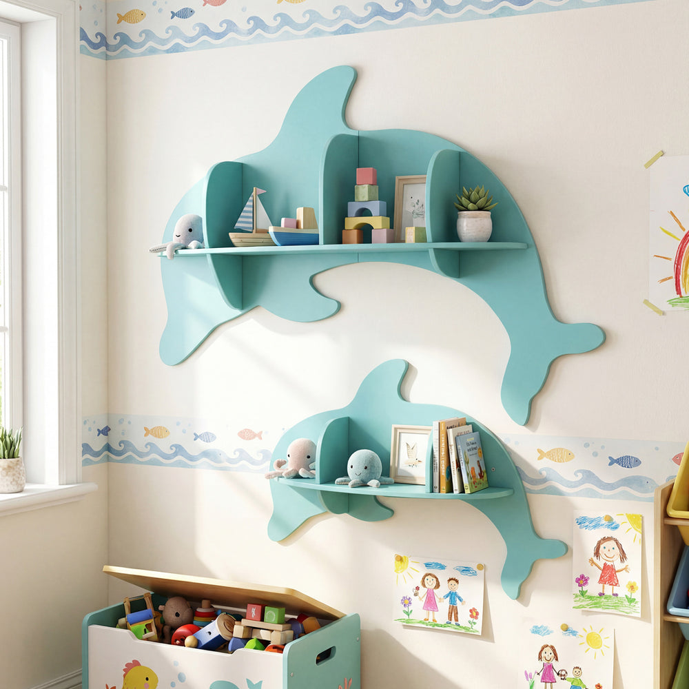 Blue floating dolphin shelves in a playful design, wall-mounted for organizing toys and books in a child's playroom.