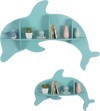 Blue floating dolphin shelves set of 2, wall-mounted design for organizing books and toys in a kid's room.