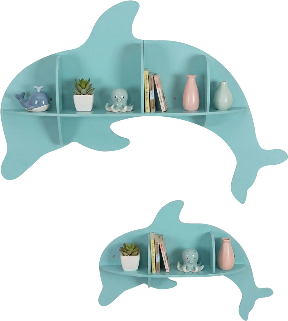 Blue floating dolphin shelves set of 2, wall-mounted design for organizing books and toys in a kid's room.