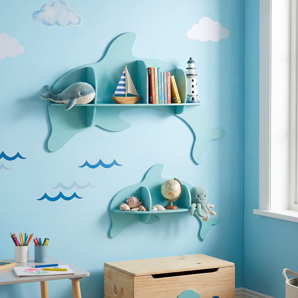 Blue floating dolphin shelves set of 2, wall-mounted for kids' room storage, perfect for books and toys.