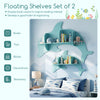 Blue floating dolphin shelves set of 2 for wall-mounted storage, ideal for books and toys in a child's room.
