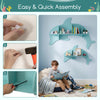 Floating dolphin shelves in blue, wall-mounted for kids' room storage, promoting organization and a cozy reading nook.