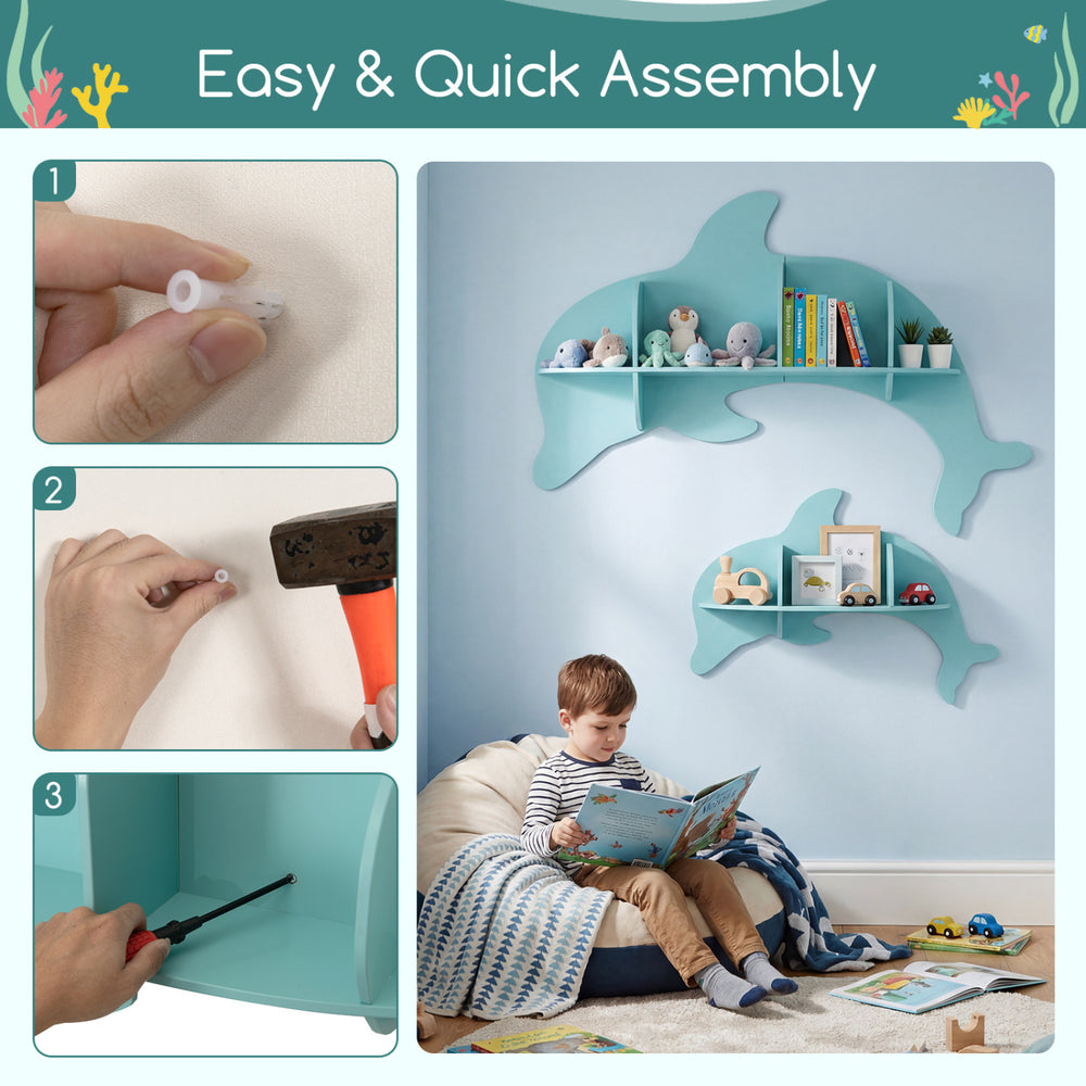 Floating dolphin shelves in blue, wall-mounted for kids' room storage, promoting organization and a cozy reading nook.