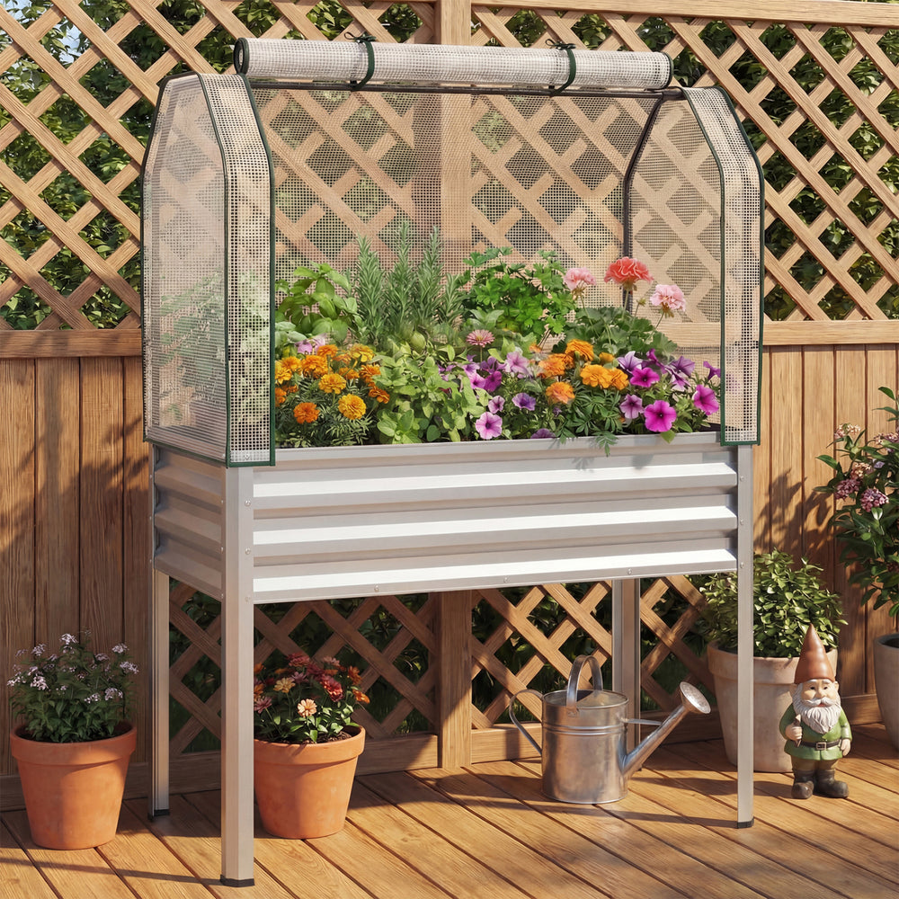 2 Pieces Galvanized Raised Garden Bed with Legs and Greenhouse Cover for Vegetable Flower-Silver - Gallery View 1 of 10