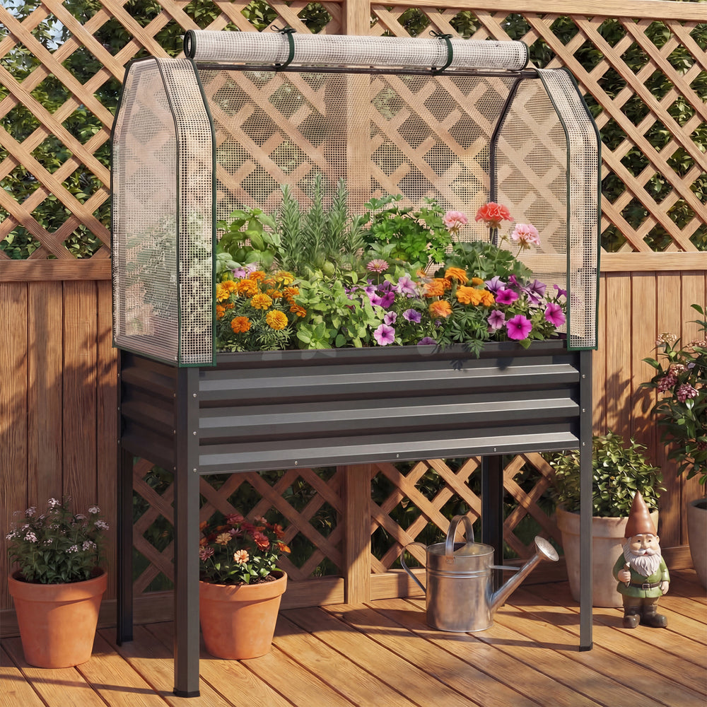 2 Pieces Galvanized Raised Garden Bed with Legs and Greenhouse Cover for Vegetable Flower-Gray - Gallery View 1 of 10