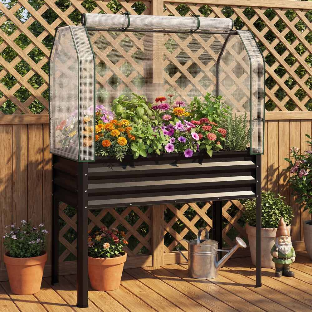 2 Pieces Galvanized Raised Garden Bed with Legs and Greenhouse Cover for Vegetable Flower-Black - Gallery View 1 of 10
