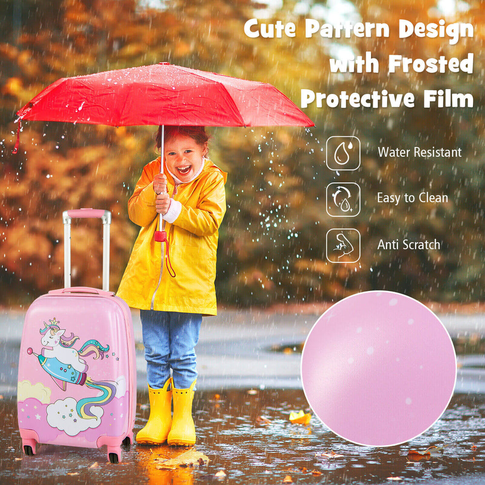 Kids luggage set featuring a cute unicorn design, 18-inch suitcase with water-resistant surface and adjustable handle.