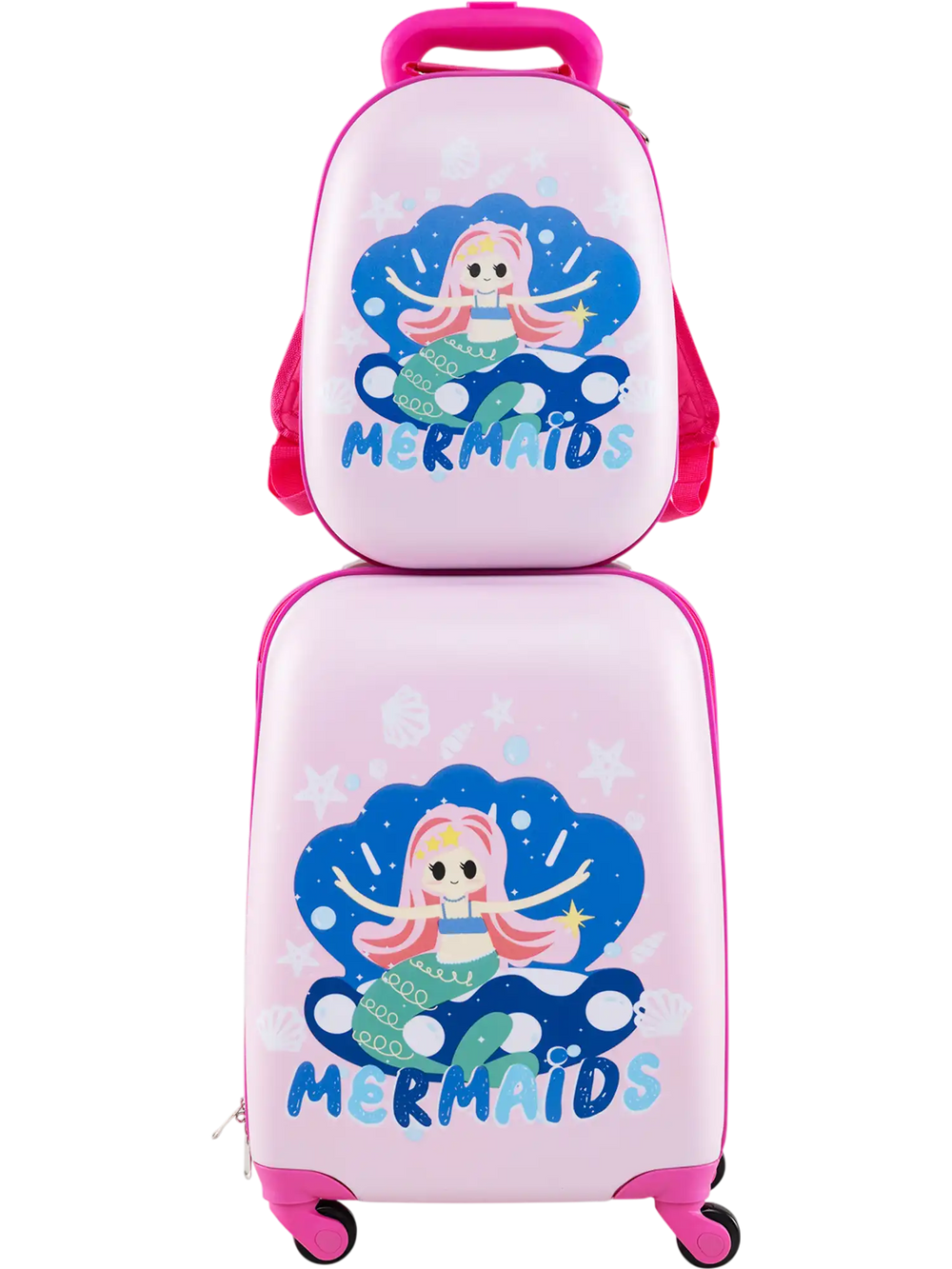 Kids carry-on luggage set featuring a mermaid design, includes a 12-inch backpack, perfect for travel and outdoor.