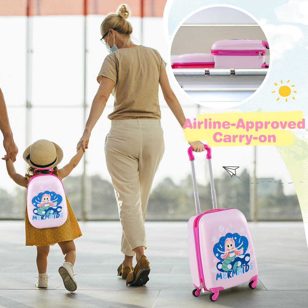 Kids carry-on luggage set featuring a pink suitcase and 12-inch backpack, ideal for travel and outdoor activities.