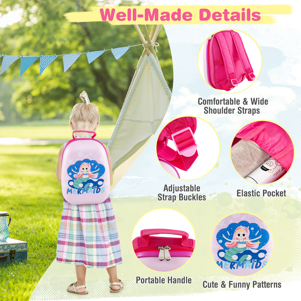 Kids' 12-inch mermaid backpack with adjustable straps, elastic pocket, and cute design for travel and outdoor.