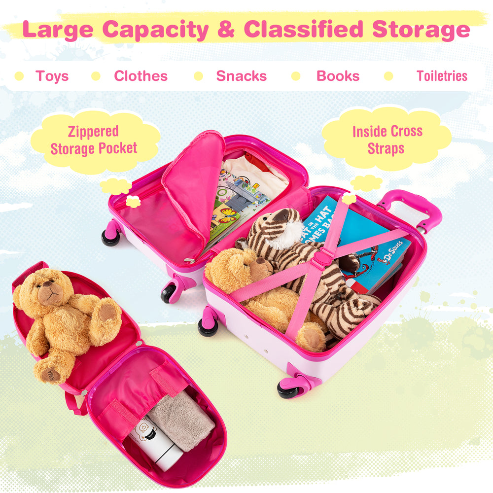 Kids carry-on luggage set featuring a large capacity, zippered storage pocket, and 360° wheels for easy transport.