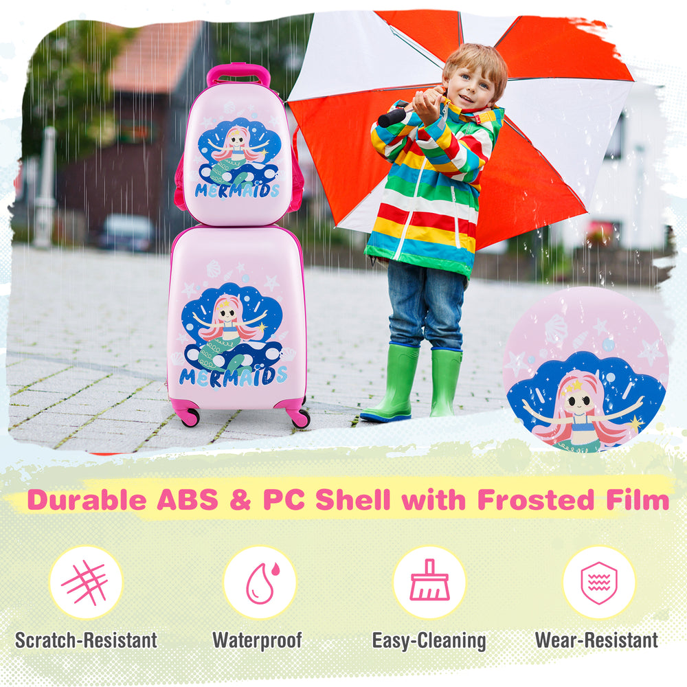Kids carry-on luggage set featuring a durable ABS and PC shell with a cute mermaid design, perfect for travel and.