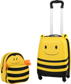 Front view of the yellow bee-themed suitcase with a retractable handle and smooth rolling wheels, ideal for kids'.