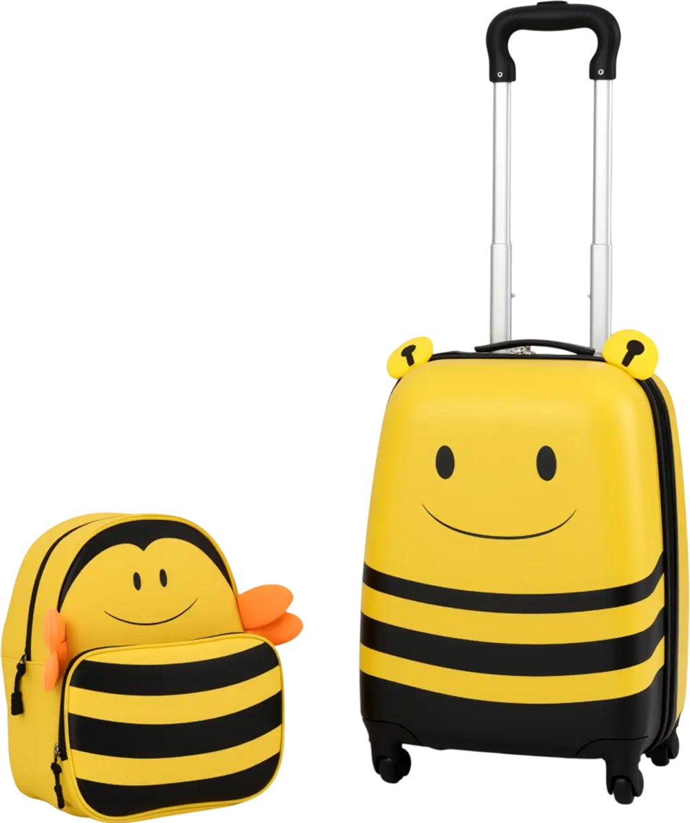 Front view of the yellow bee-themed suitcase with a retractable handle and smooth rolling wheels, ideal for kids'.