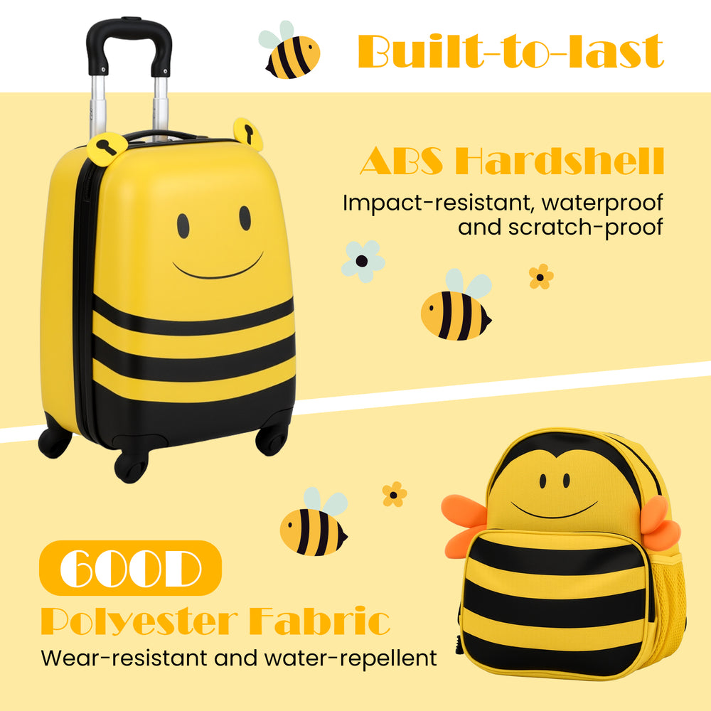 Kids luggage set featuring a yellow bee design, ABS hardshell suitcase and 600D polyester backpack for travel.