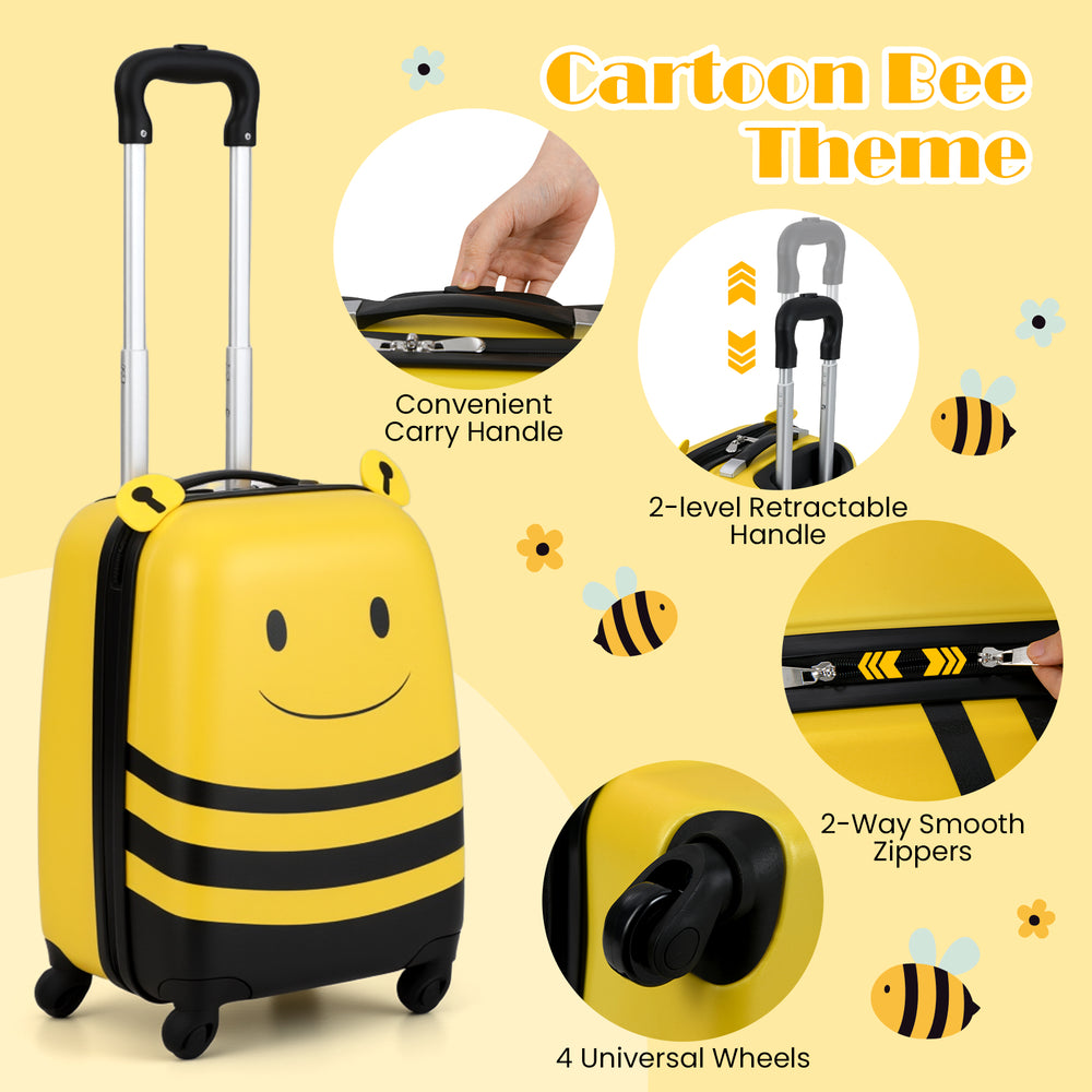 Kids luggage set featuring a cute cartoon bee design, lightweight ABS hardshell, and 4 universal wheels for easy travel.