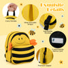 Close-up of the yellow bee-themed backpack featuring adjustable buckles, wide shoulder straps, and a premium zipper.