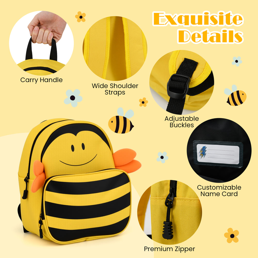 Close-up of the yellow bee-themed backpack featuring adjustable buckles, wide shoulder straps, and a premium zipper.