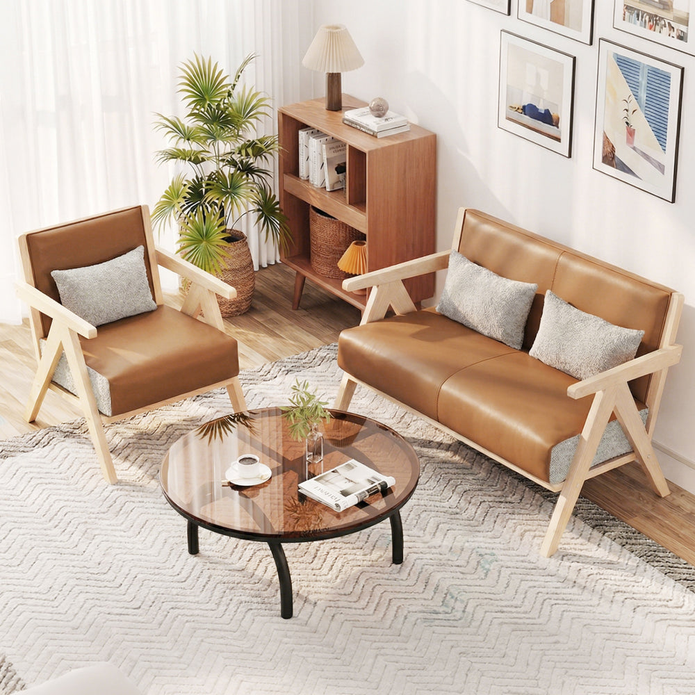 Brown living room furniture set featuring a rubber wood frame, soft chenille fabric, and ergonomic backrests for.