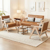 Living room furniture set featuring a brown artificial leather sofa and gray chenille chairs with rubber wood frames.