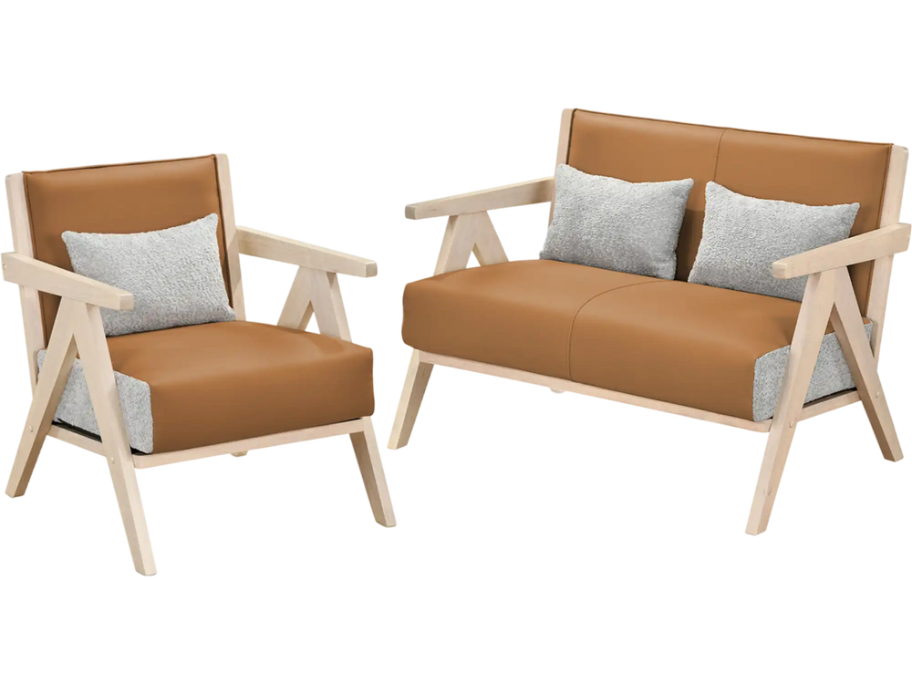 Brown 2-piece living room furniture set with rubber wood frame, featuring soft chenille fabric and removable cushions.