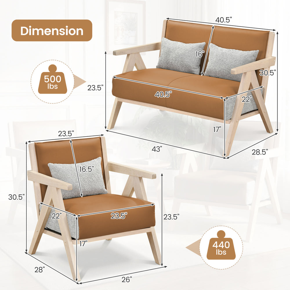 Dimensions of the 2 Pieces Living Room Furniture Set with rubber wood frame and soft chenille fabric in brown.