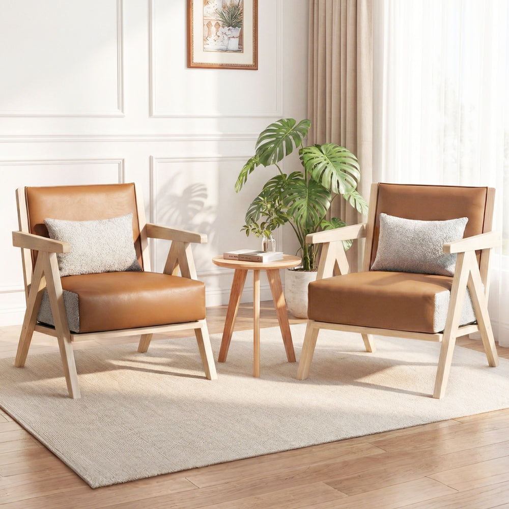 Two brown armchairs with rubber wood frames and soft cushions, perfect for living room or lounge room decor.