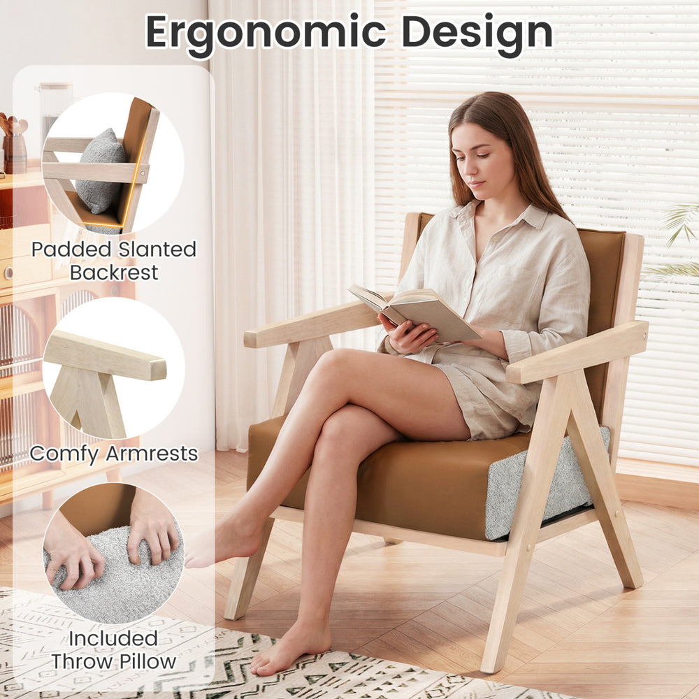 Ergonomic chair with padded backrest and comfy armrests, featuring a rubber wood frame and soft brown chenille fabric.