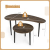 Mid-century nesting tables with rubber wood legs in walnut finish, showcasing dimensions for versatile indoor use.