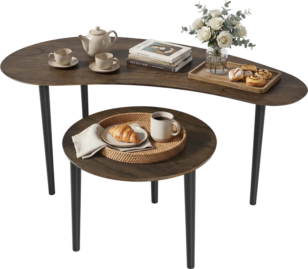Nesting tables featuring a spacious walnut tabletop and sturdy rubber wood legs, ideal for organizing decor and coffee.