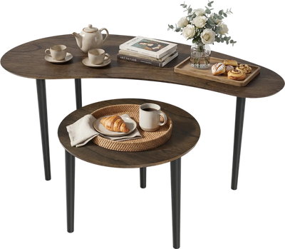 Costway Mid Century Nesting Coffee Tables 2-Piece Rubber Wood Legs 22617595 New