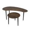 Mid-century nesting tables with walnut finish and rubber wood legs, perfect for versatile use in living spaces.