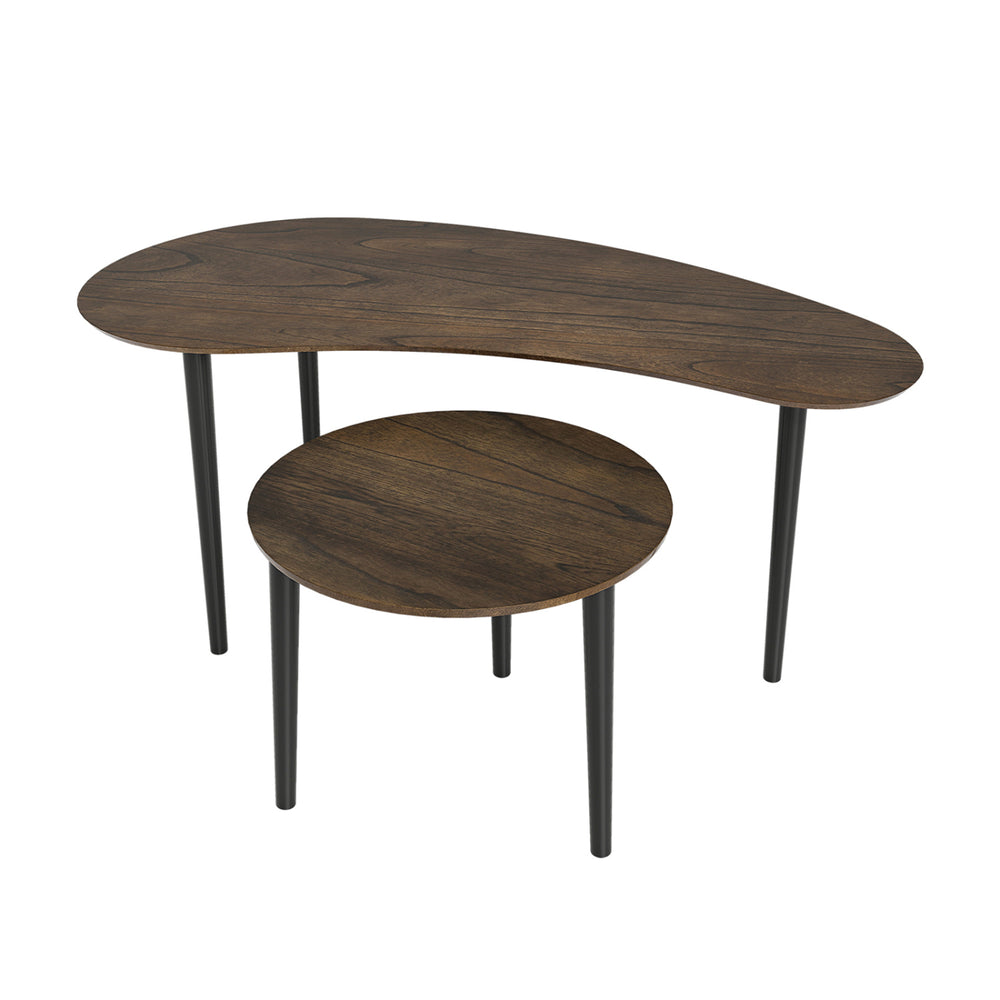 Mid-century nesting tables with walnut finish and rubber wood legs, perfect for versatile use in living spaces.