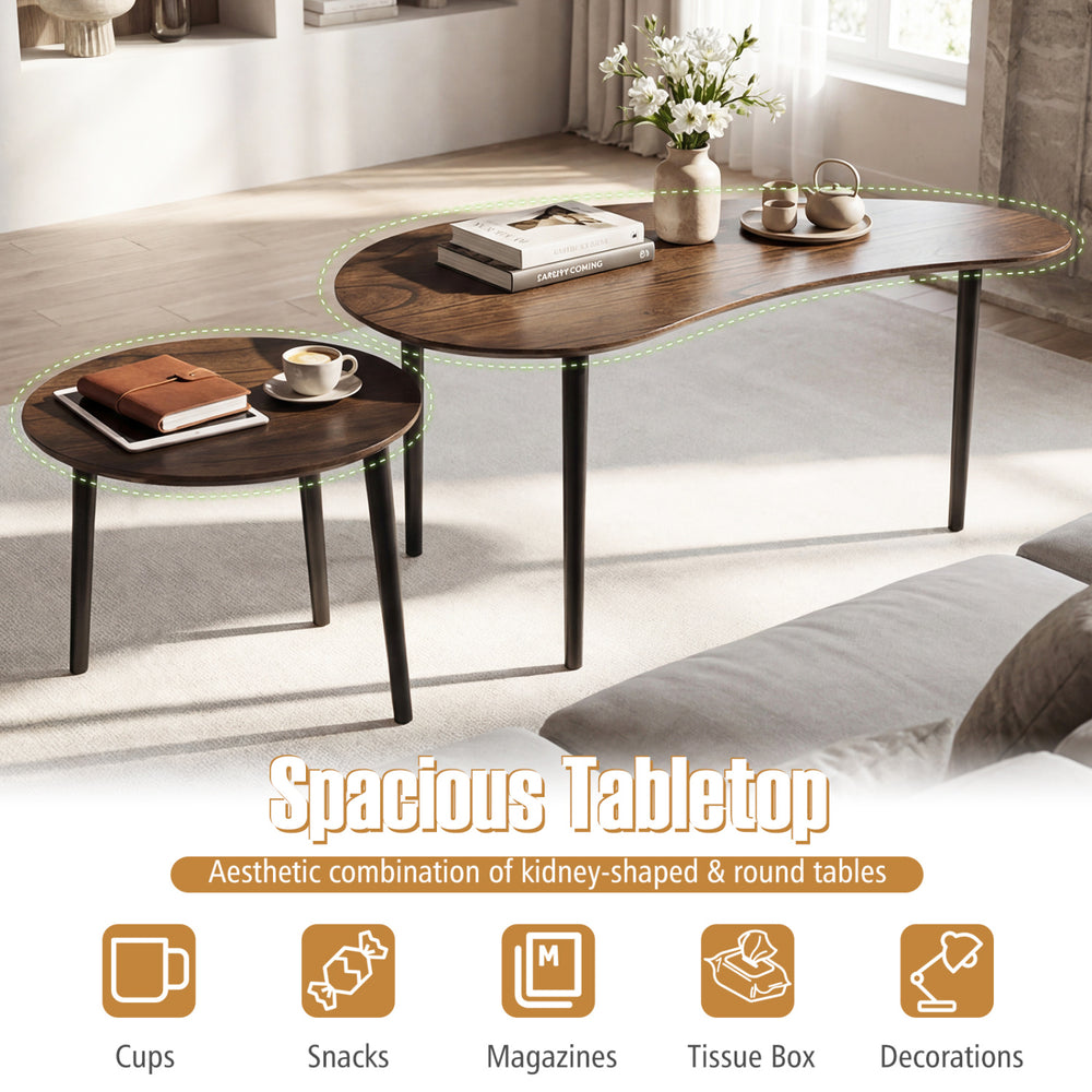 Mid-century nesting tables with walnut finish and rubber wood legs, perfect for coffee cups and decorations in any room.