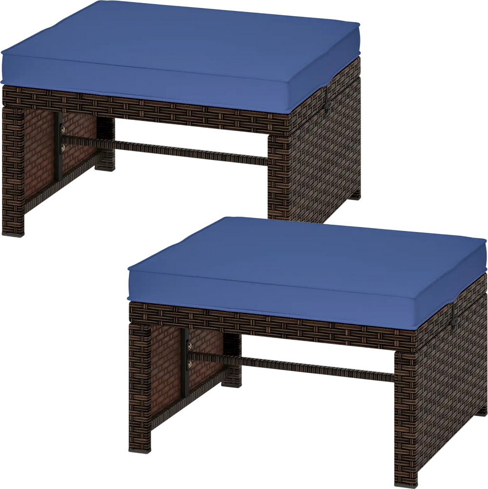 Two navy blue cushioned PE rattan ottomans, ideal as footstools or extra seating for outdoor patios and gardens.