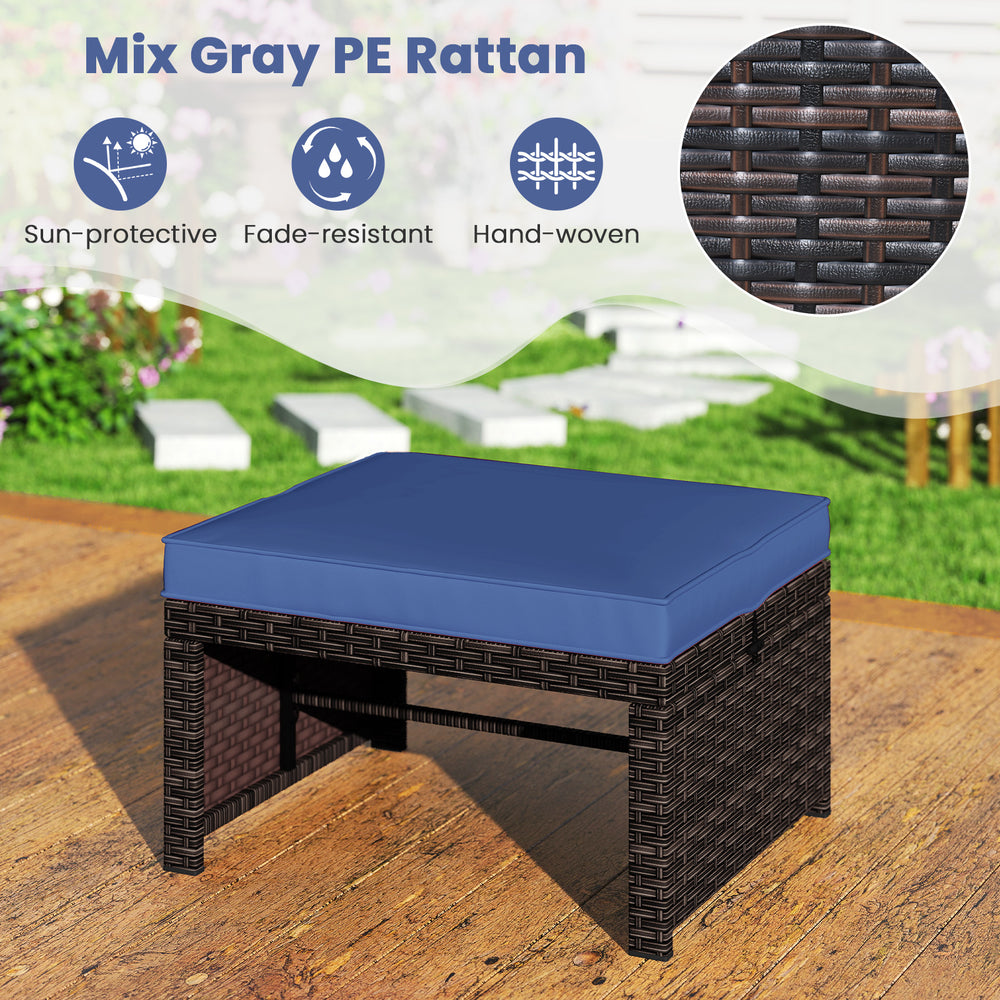 Navy cushion on a mix gray PE rattan ottoman, perfect as a footrest or extra seat for outdoor patio use.