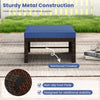 Navy PE rattan ottoman with sturdy metal construction and non-slip foot pads, ideal for outdoor patio use.