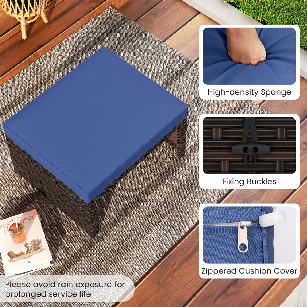 Navy blue PE rattan ottoman with high-density sponge cushion, ideal as a footrest or extra seating for outdoor spaces.