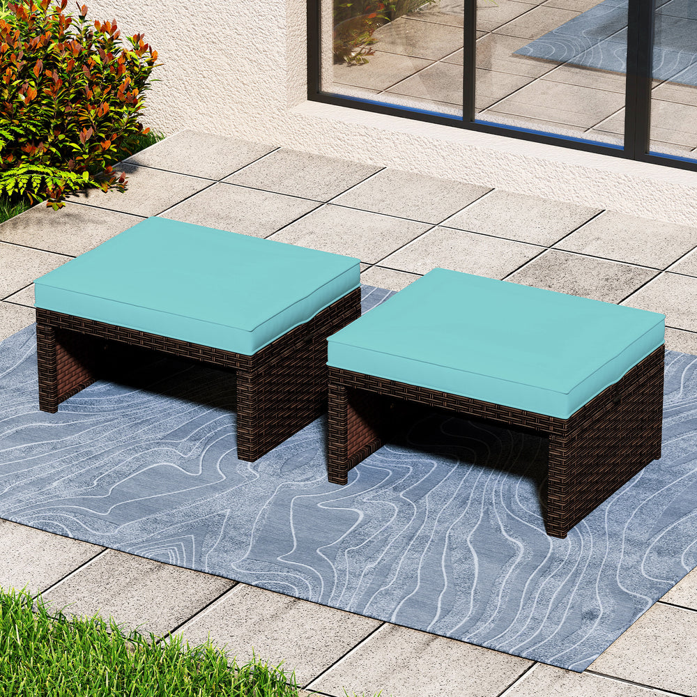 Multipurpose Outdoor 2 Pieces Patio PE Rattan Ottomans Footstool-Turquoise - Gallery View 1 of 9