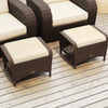 Set of 2 outdoor patio PE wicker ottomans with removable beige cushions, perfect for footrests or extra seating.