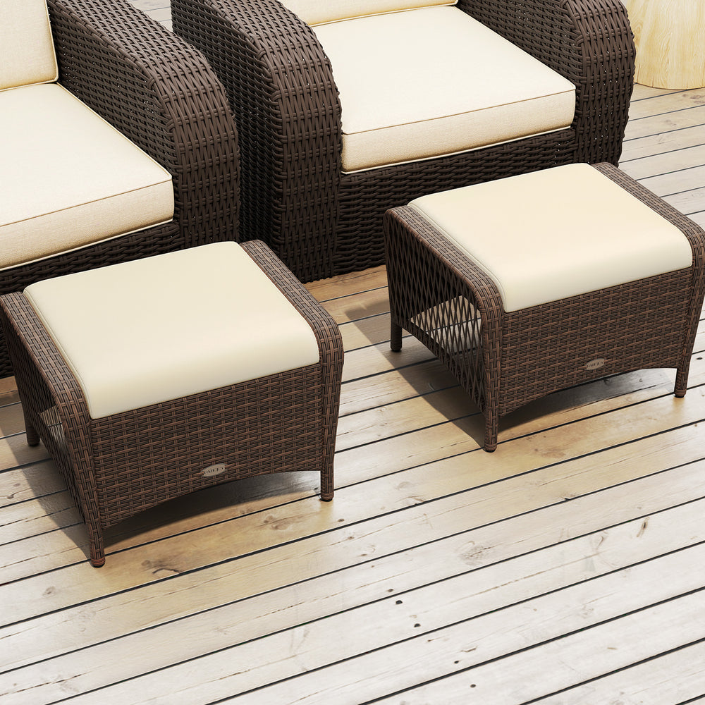 Set of 2 outdoor patio PE wicker ottomans with removable beige cushions, perfect for footrests or extra seating.