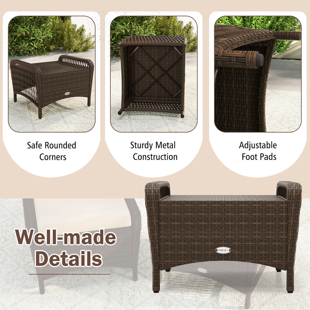 Set of 2 outdoor patio PE wicker ottomans with removable beige cushions, featuring sturdy metal construction and.