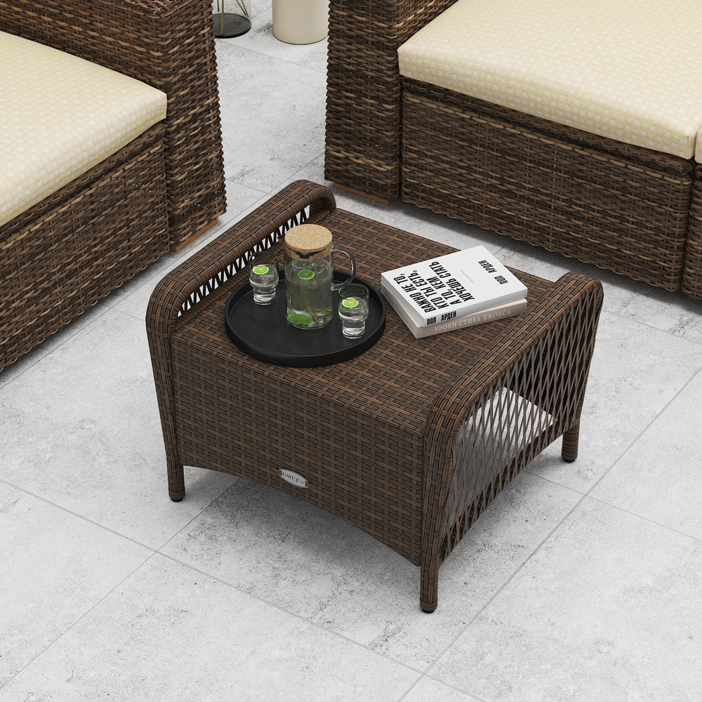 Brown PE wicker ottoman with removable beige cushion, ideal for outdoor patio use as a footrest or coffee table.