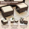 Set of 2 outdoor patio PE wicker ottomans with beige removable cushions, ideal as footrests or extra seating.