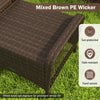 Mixed brown PE wicker ottoman with removable beige cushion, ideal for outdoor patio use as footrest or extra seating.