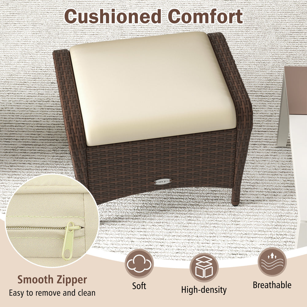 Outdoor patio PE wicker ottoman with removable beige cushion, featuring a smooth zipper for easy cleaning and comfort.