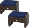 Set of 2 outdoor patio PE wicker ottomans with navy removable cushions, ideal for footrests or extra seating.