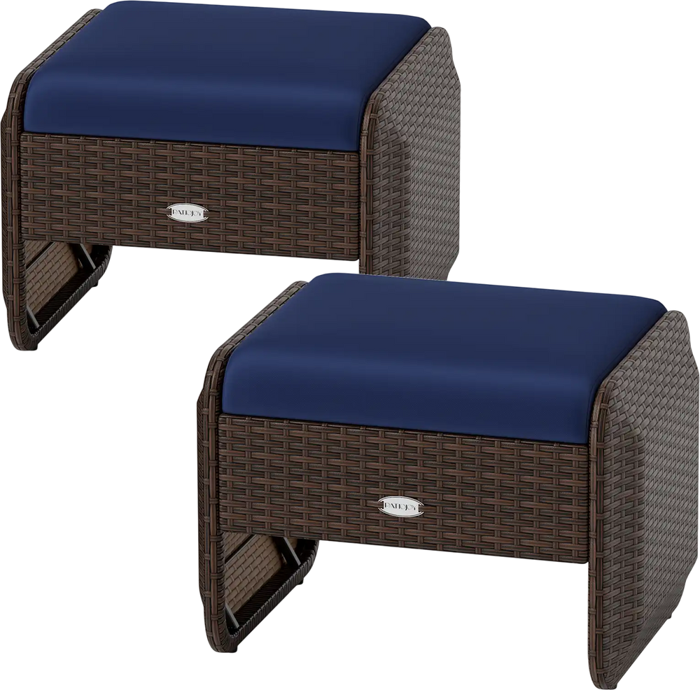 Set of 2 outdoor patio PE wicker ottomans with navy removable cushions, ideal for footrests or extra seating.
