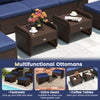 Two outdoor patio PE wicker ottomans with navy removable cushions, serving as footrests or extra seats for versatile.